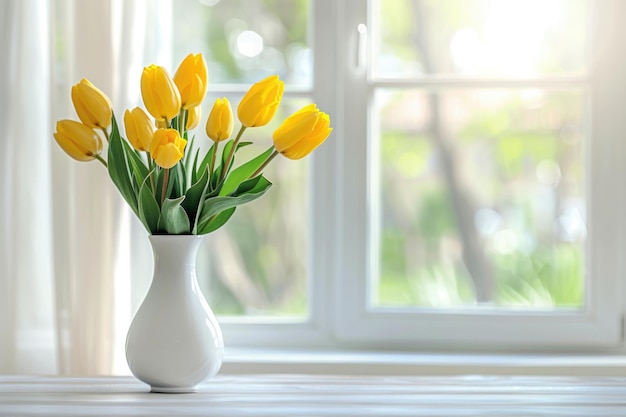 A bouquet of yellow tulips in a white vase closeup on a table on a blurred background in a home sun