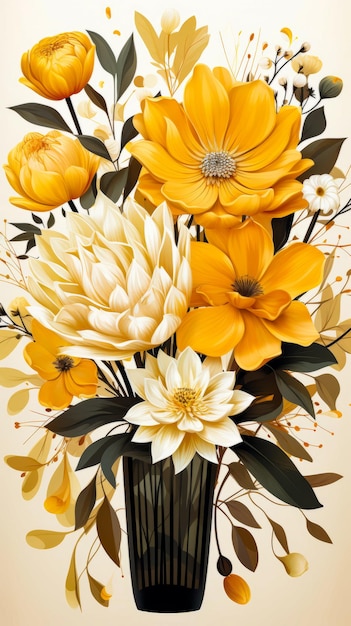 Bouquet of yellow and white flowers on beige background Generative AI