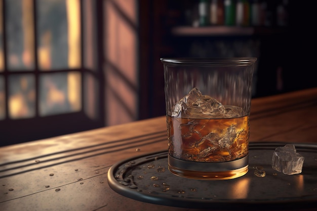 Bourbon or whisky glass on dark woody background close up