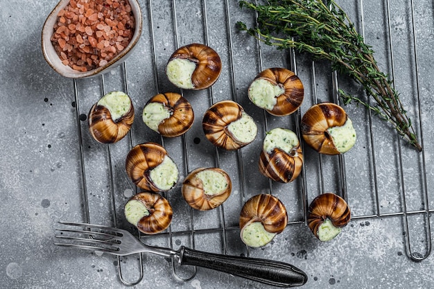 Bourgogne Escargot Snails with garlic butter on a grill. Gray background. Top view.