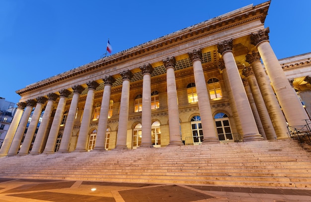 The Bourse of Paris Brongniart palace at nightParis France