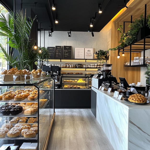 A boutique coffee shop with a trendy interior and a selection of pastries