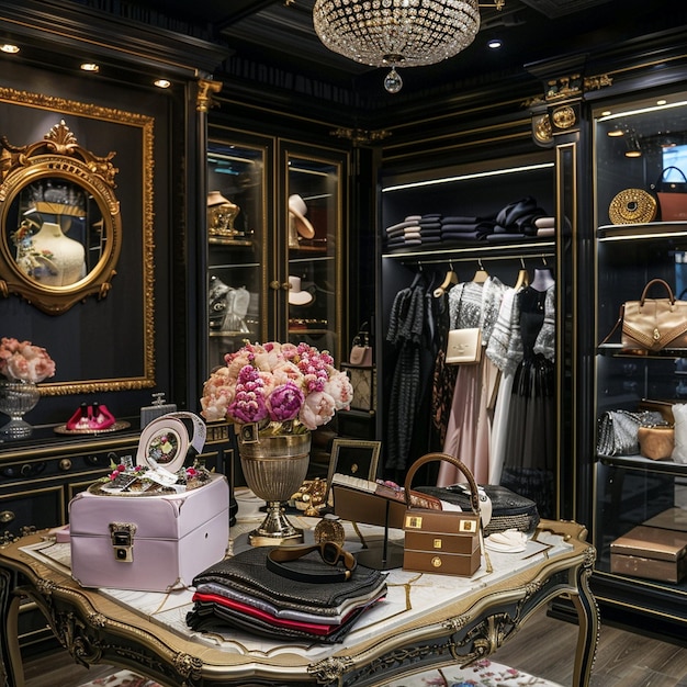 Photo a boutique with elegant clothing displays stylish accessories and a sophisticated atmosphere luxurious fashionable setting