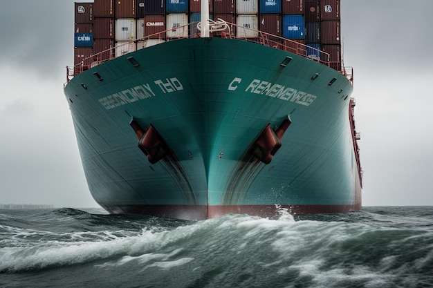 The bow of a container ship captured in closeup Generative AI