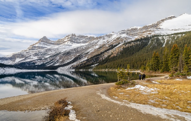 Bow Lake in Banff National Park during winter season, Alberta, canada