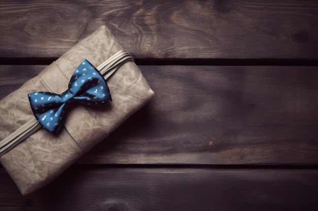 A bow tie wrapped in brown paper with a blue polka dot bow tie on a wooden table.