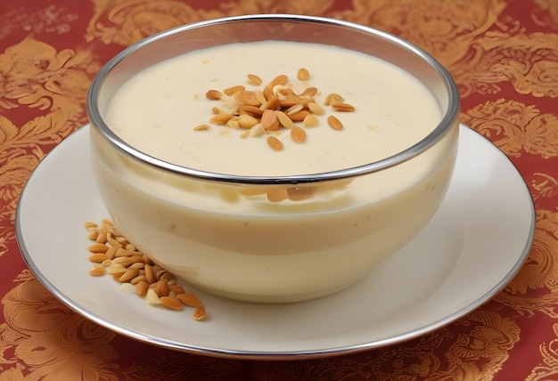 a bowl of almond milk sits on a plate next to a bowl of almond milk