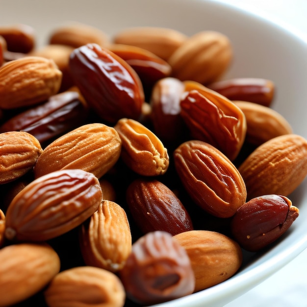 A bowl of almonds and almonds is sitting on a table.