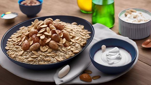 A bowl of almonds and almonds sits next to a bowl of yogurt.