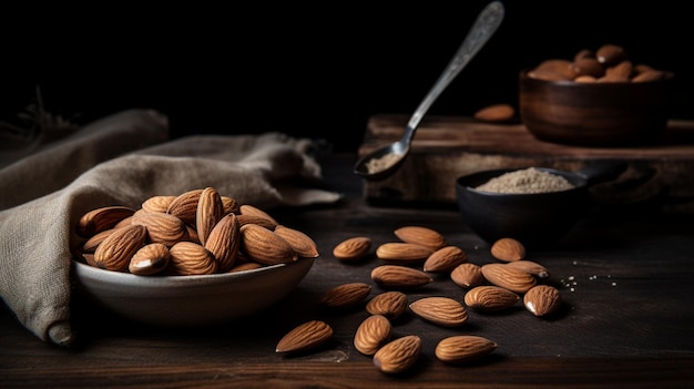 A bowl of almonds sits on a table next to a bowl of flour.