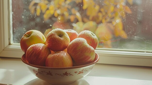 a bowl of apples and apples on a window sill