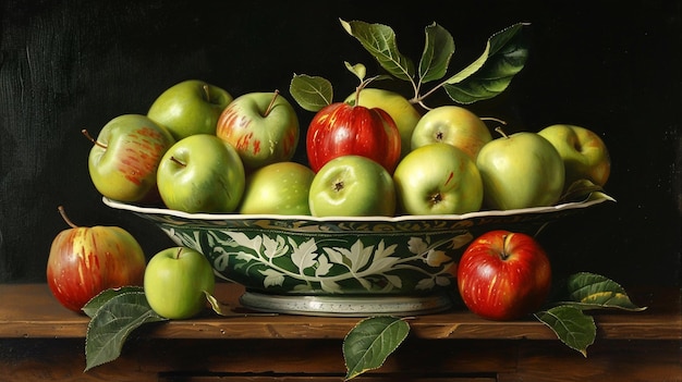 a bowl of apples and leaves with a green leaf