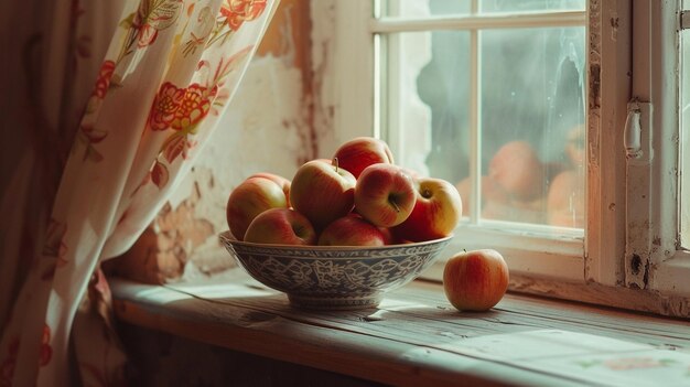 a bowl of apples sits on a window sill next to a window