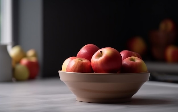 A bowl of apples on a table with a black background