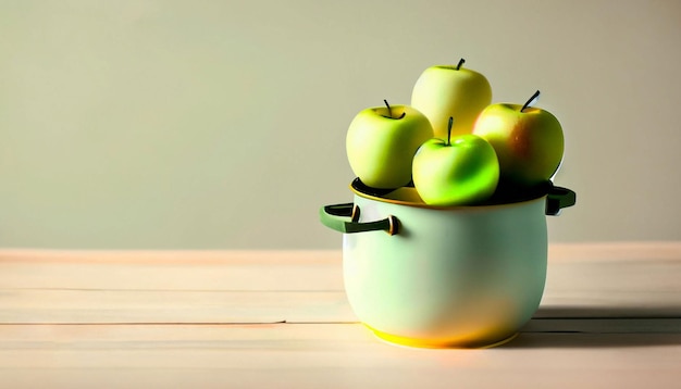 A bowl of apples on a table with a white background.