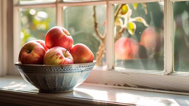 a bowl of apples on a window sill with a window behind them