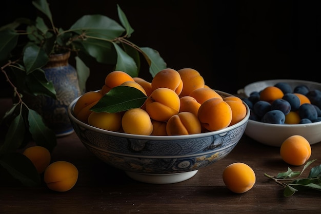 A bowl of apricots with a leaf on the side