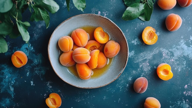 Photo a bowl of apricots with leaves on a blue table