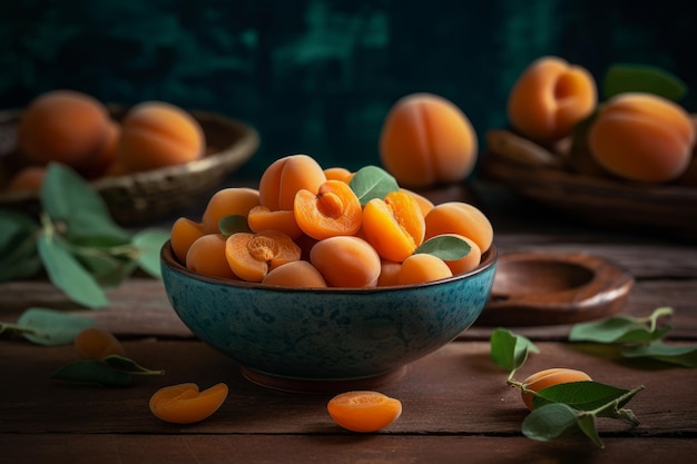 A bowl of apricots with leaves on a wooden table.