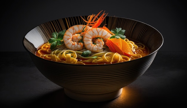 A bowl of asian noodle soup with shrimps and noodles.