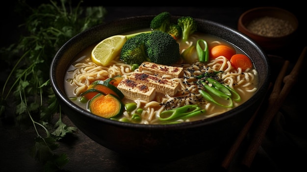 A bowl of asian ramen with tofu broccoli and other vegetables