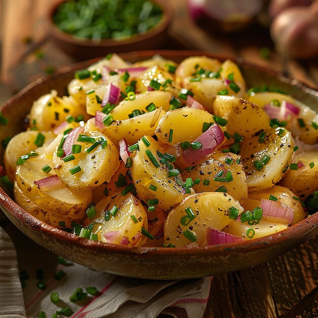 Photo a bowl of authentic german potato salad with sliced potatoes onions