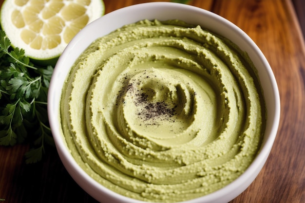 A bowl of avocado hummus with a lime wedge on the side.