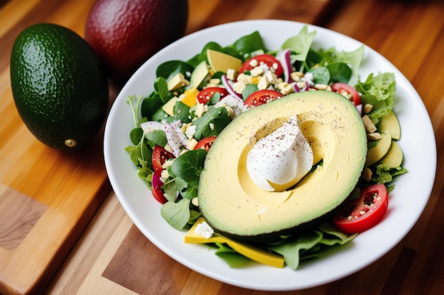 A bowl of avocado salad with avocado on top.