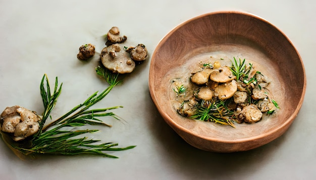 Bowl of baby bella mushrooms and bunch of fresh rosemary on rustic wooden background Generative Ai