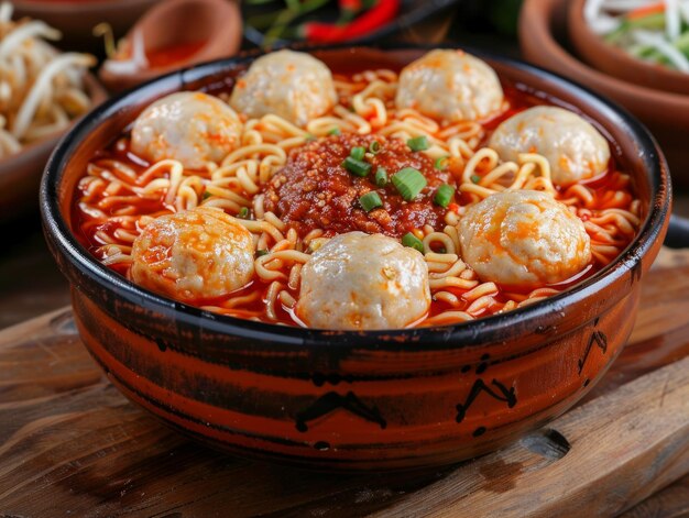 Photo bowl of bakso meatballs and noodles food with sambal chilli spicy on wooden table themed background