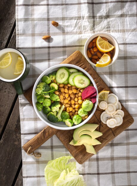 Bowl of balanced vegetarian foo top view