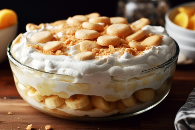 A bowl of banana pudding with whipped cream and chopped peanuts.