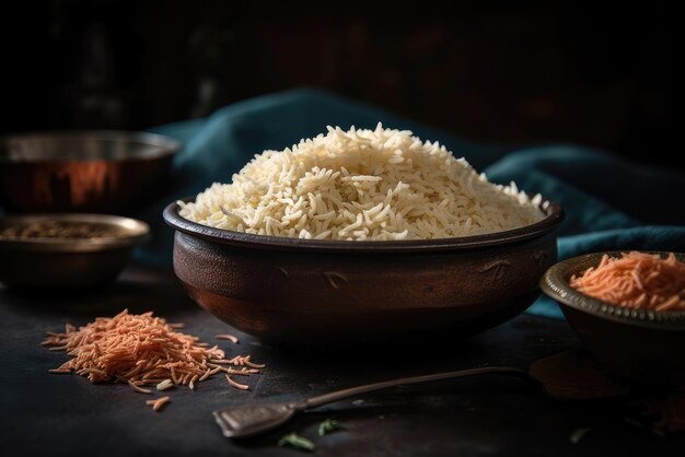 A bowl of basmati rice sits on a table next to a bowl of shredded carrots.