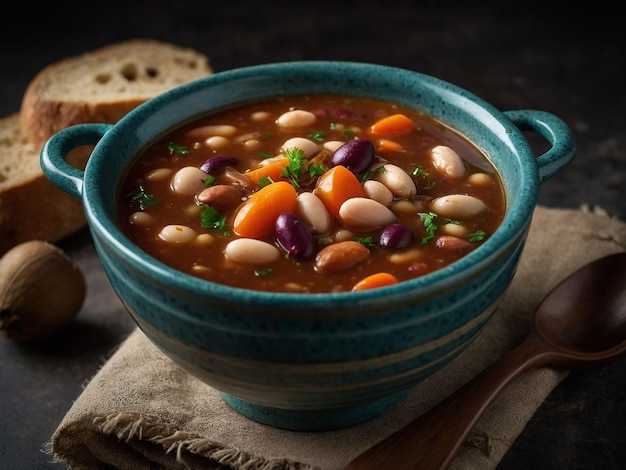 Photo a bowl of beans and carrots with a bread on top