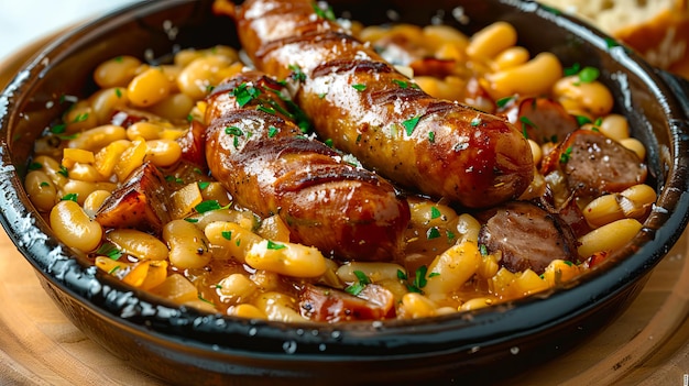 A bowl of beans and sausages on a wooden table