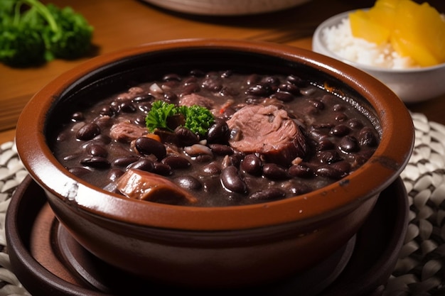 A bowl of beans with meat and rice on the side