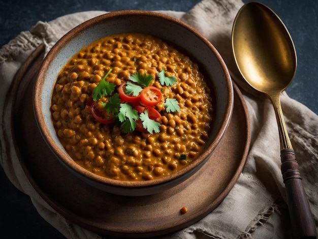 Photo a bowl of beans with a spoon and a spoon on a cloth