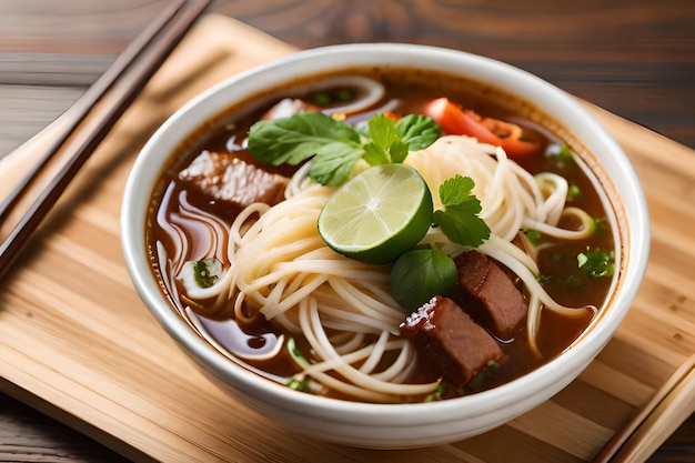 A bowl of beef noodle soup with a lime wedge on the side.