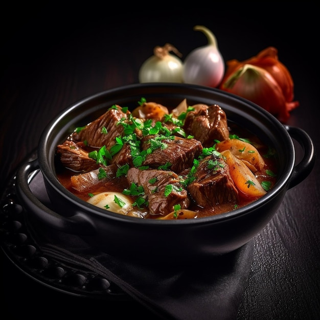 A bowl of beef stew with a black background.