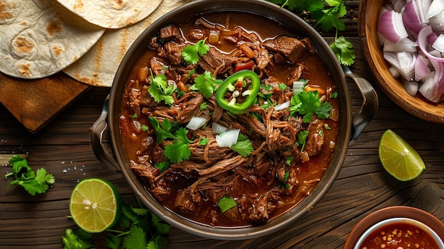 a bowl of beef stew with a bowl of tortilla chips