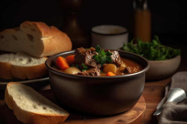 A bowl of beef stew with bread on the side