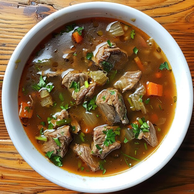 Photo a bowl of beef stew with carrots and onions on a wooden table