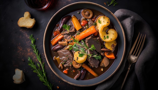 A bowl of beef stew with carrots, potatoes, and potatoes.