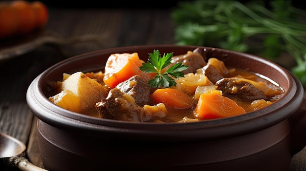 A bowl of beef stew with carrots and potatoes