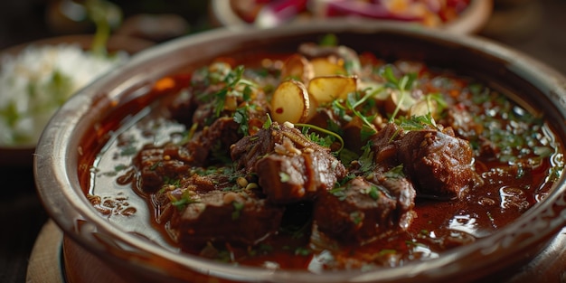 A bowl of beef stew with a lot of meat and vegetables