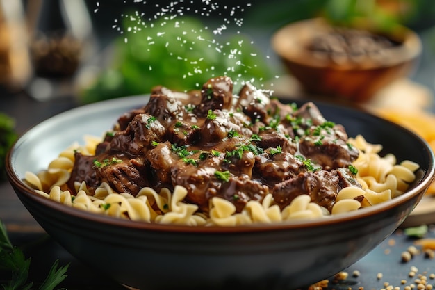 A bowl of beef stew with noodles and fresh parsley sprinkled with salt