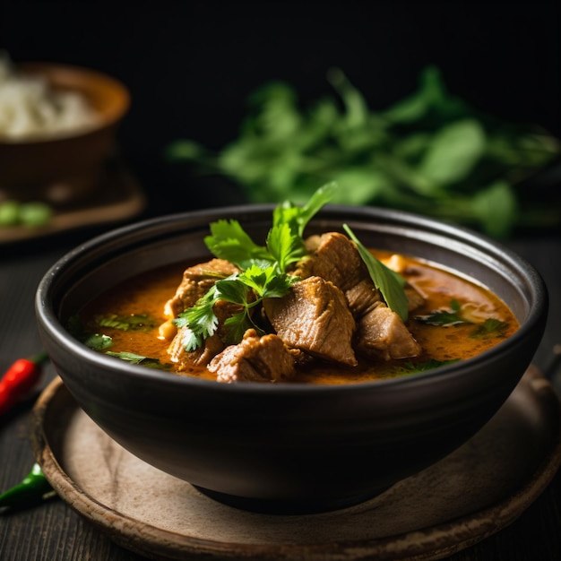 A bowl of beef stew with a red chili pepper on the side.