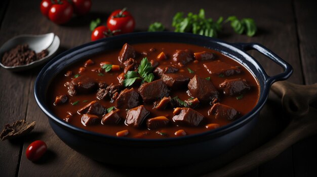 A bowl of beef stew with a red sauce