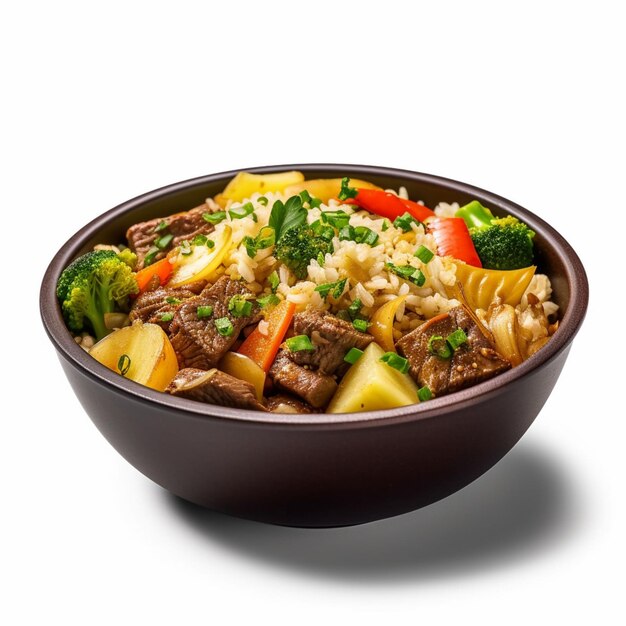 A bowl of beef and vegetables with rice and broccoli.