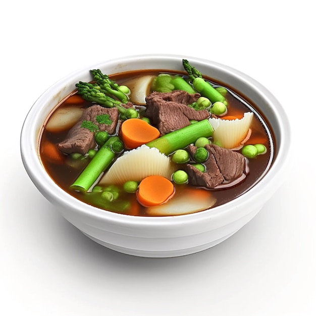 A bowl of beef and vegetables with a white background.